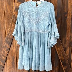 Umgee Blue Lace Boho Dress M Embroidered Babydoll Flutter Sleeve Cottagecore